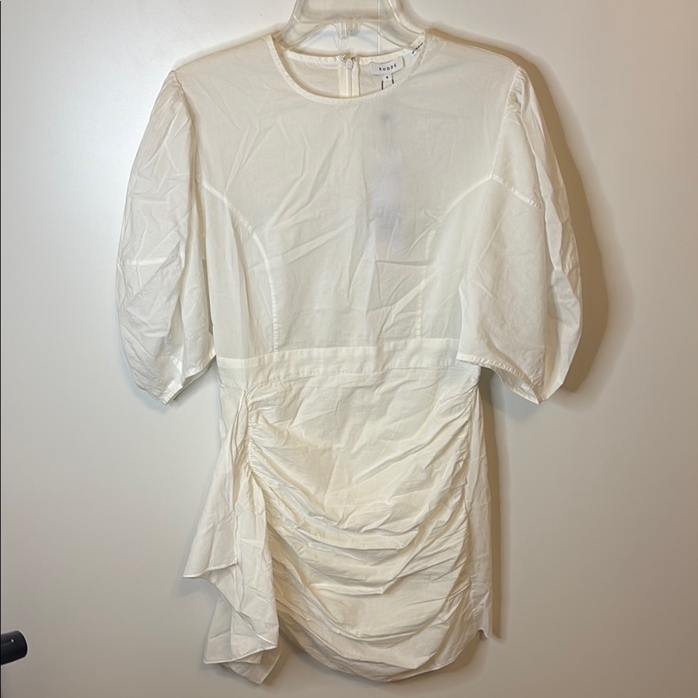RHODE Pia White Puff Sleeve Mini Dress with Ruched Skirt NWT | M